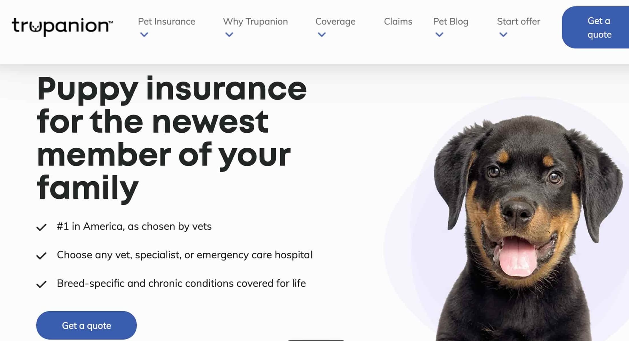 Puppy Health Insurance - Trupanion. Screenshot of their Puppy Insurance section on their website.